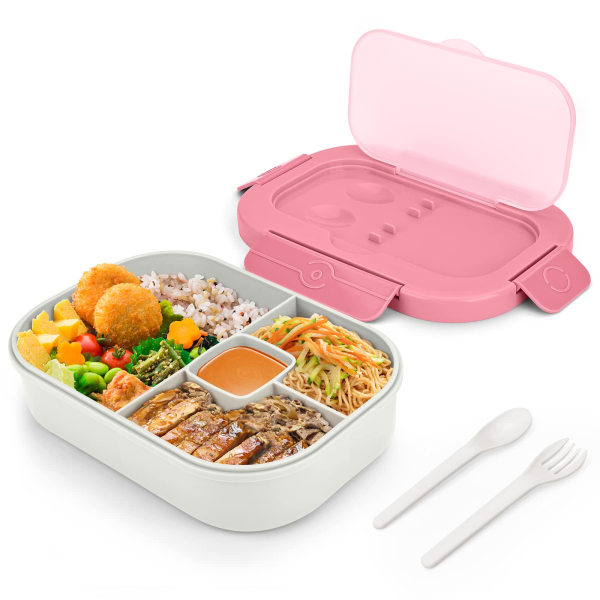 Bento Lunchboks til Voksne og Børn, 4-rums Lunchboks, Mikrobølgeovn og Opvaskemaskine Sikker, BPA Fri Plastik Lunchboks, Indbygget Bestik Sæt Ske