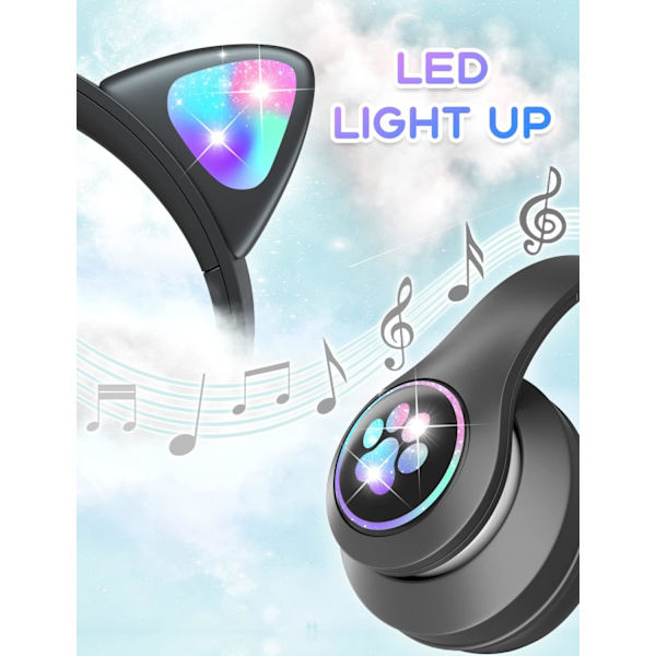 Bluetooth-lasten kuulokkeet HD-mikrofonilla/LED-valoilla (musta), 85 dB:n äänenvoimakkuudella rajoitetut lasten kuulokkeet, stereokuulokkeet lapsille älypuhelimeen, iP