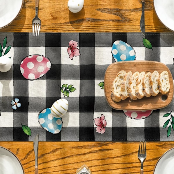 Buffalo Plaid Bunny Egg Blossom Happy Easter Dug, Sæsonbestemt Forårskøkkenbord Dekoration, Perfekt til Hjemmefest Dekoration 13x72 tommer