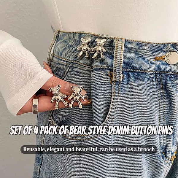 Silver - 4 midjebälten, denimknappar, justerbar midje cincher, åtdragande midja, metallknäppningar, återanvändbar, kan användas som brosch