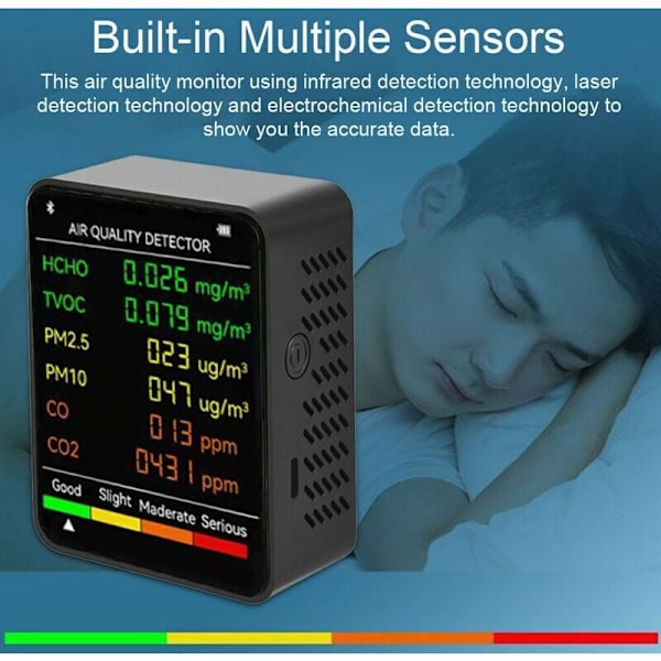 6 in 1 pm2.5 pm10 HCHO TVOC CO CO CO2 Monitoori monitoiminen ilmanlaadun CO CO DIOKSIDI FORMALDEHYDI LCD LAP LOW LOCAL WORK HOTE HOTE Offi