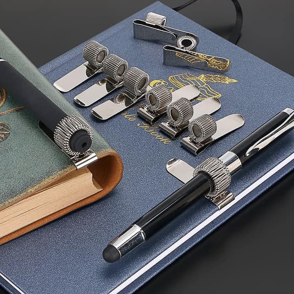Penholder i rustfrit stål til notesblok og clipboard med 5 øverste og 5 sidefjedre
