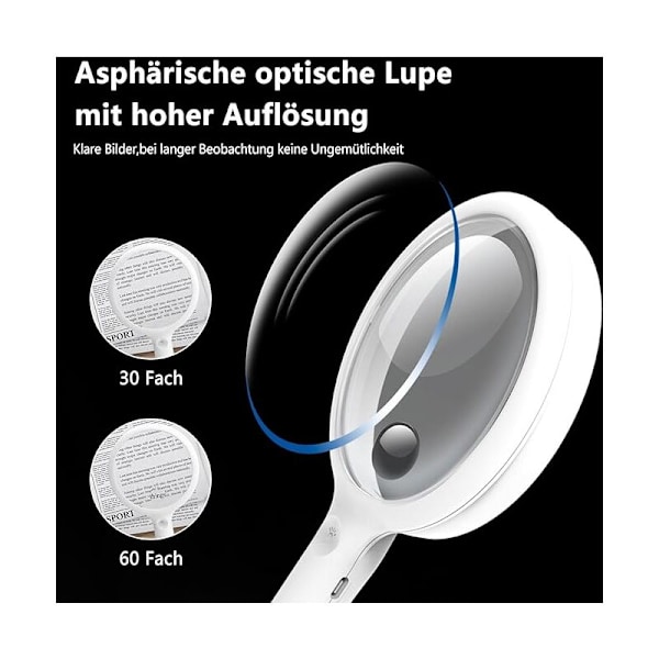 Lup med lys, Forstørrelsesglas med lys til seniorer og børn, 3 lystilstande, USB genopladelig belyst forstørrelsesglas, Elektronisk lup