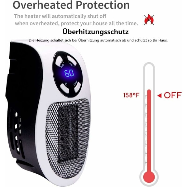 Smart 500 W keramisk blæser - Elektrisk opvarmning med stikkontakt - med justerbar termostat og timer og LED-display - Hurtig opvarmning, lav støj, sikker