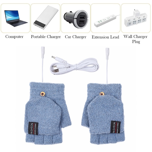 USB-uppvärmda handskar för kvinnor och män, vinterhandskar, varma laptop-handskar (blå), hel- och halvfingeruppvärmda handvärmare