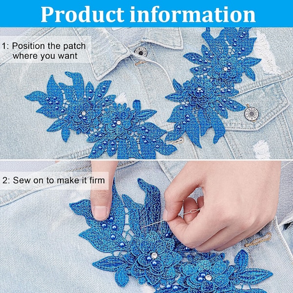 2 stk. 3D blonder applikationspatches, blå sy på broderi blonder blomster patches blomstermønster perler rhinestones blonder trim stofperler applikationer til syning