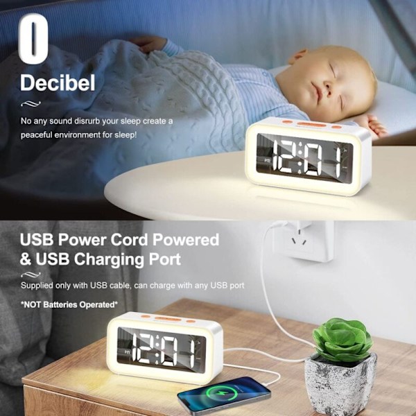 Digital väckarklocka, digital klocka med ljus övre snooze-funktion 2 alarm 12/24h drivs av USB vit