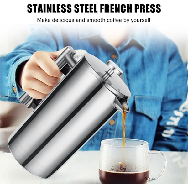 Stempelkande i rustfrit stål 304, termokaffemaskine, tekande, 800 ml, 3 filtre, anti-krydshåndtag, rustfri kaffepresse