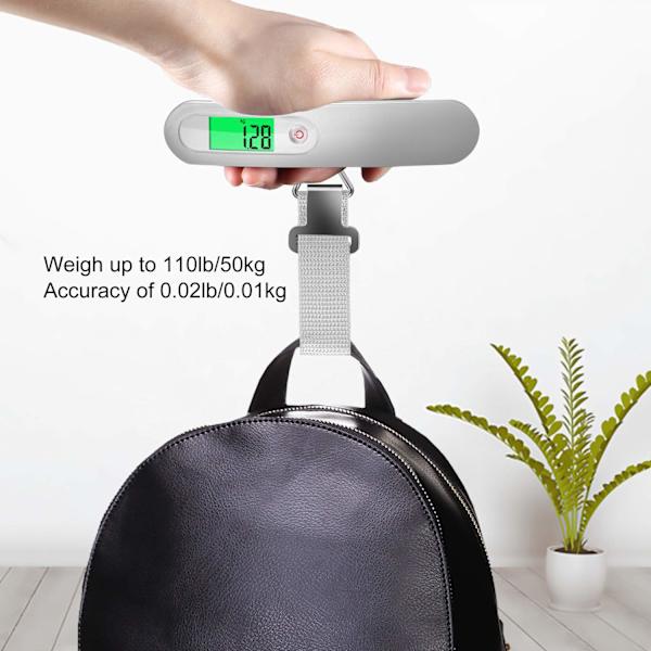Elektronisk bagasjevekt, bærbar digital bagasjevekt (sølv), opptil 50 kg, bakgrunnsbelyst LCD-tarafunksjon, egnet for reise, post, hjem, shopping