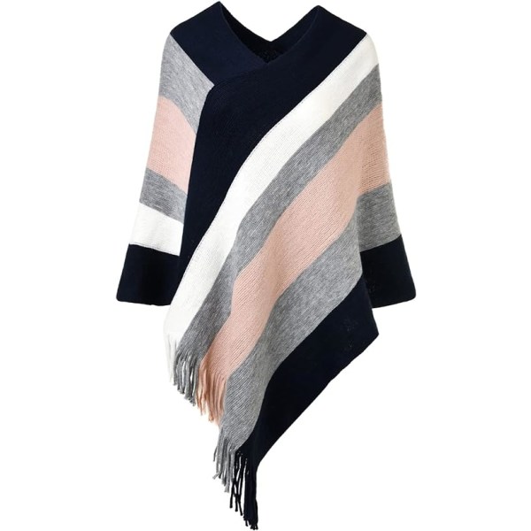 Dam Poncho Tröja Casual Randig Mångsidig Frans Sjal Wrap för Höst Vinter