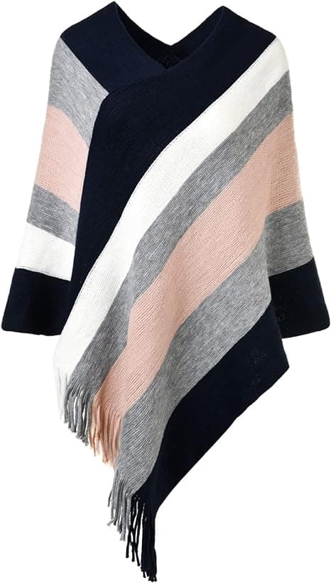 Kvinders Casual Stribet Poncho Sweater Versatile Frynser Sjal Wrap til Efterår Vinter