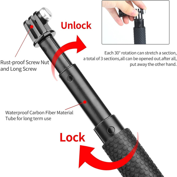 19\" Teleskopisk Aluminium Monopod (Rød, Tau Farge Tilfeldig) for GoPro Hero 10/9/8/7/6/5/4/3+/3/Hero(2018)/Fusion Crosstour Campark NEW APEMAN