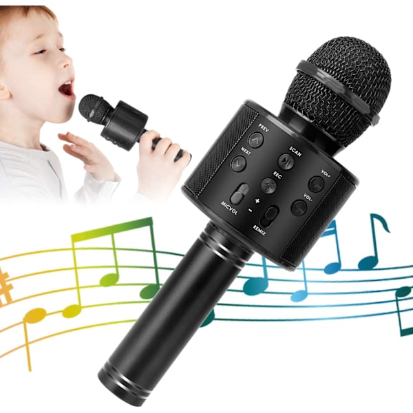 Lasten karaoke langaton Bluetooth-mikrofoni (musta), 5-in-1 kannettava kädessä pidettävä kaiutinsoitin tallennin, säädettävä miksaus FM-radio, sopii lapsille