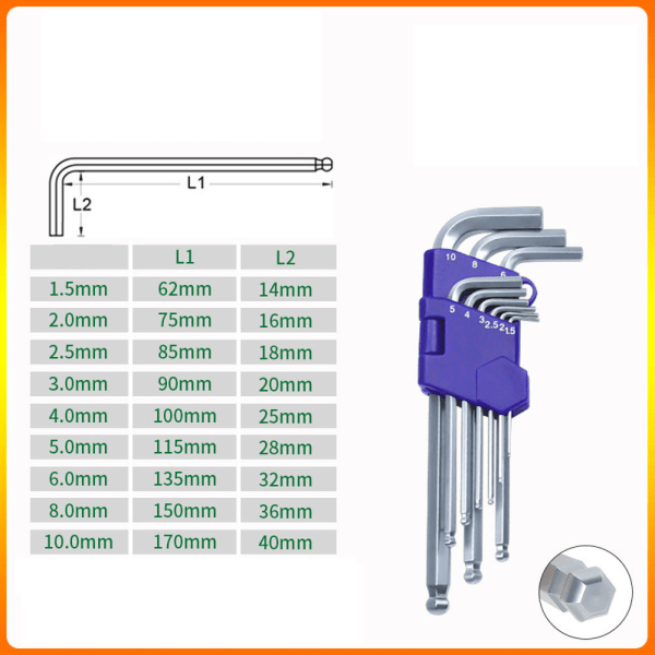 Sats med 9 st insexnycklar med sfäriskt huvud, insexnycklar i 1,5-10 mm.