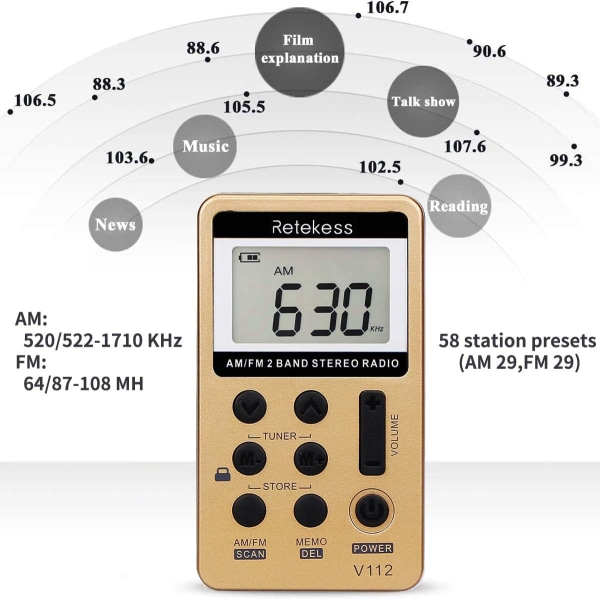 V112 AM FM Radio Portable, Mini Radio med øretelefonlomme, Digital Tuning Oppladbar Batteri LCD-skjerm for Walking Jogging(Gull)