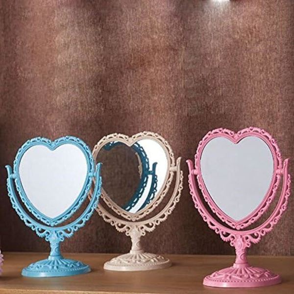Makeup Spejl 2 Side Comestic Rotat Stand Bord Plastik Kommode Hjerte Form Spejle Kosmetisk Værktøj-Beige