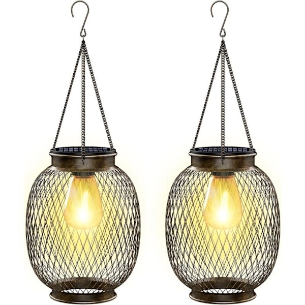 Solcellelamper til udendørs haveophæng, IP65 vandtæt solcellelanterne udendørs 2 stk. metal solcellelampe udendørs med LED-pære solcellelampe balkon til veranda