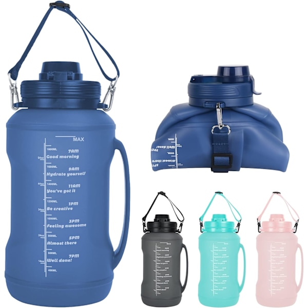 Kokoontaittuva juomapullo pillillä - Suuri puoli gallonaa matkustamiseen, urheiluun, juoksuun, joogaan (2L/64oz, päivitetty sininen)