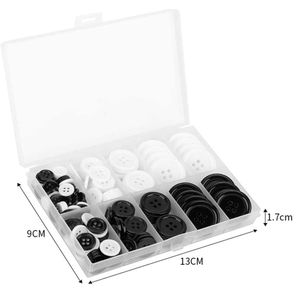 160 STK syknapper runde svart og hvitt 4 hull 5 størrelser blandet harpiks syknapper med oppbevaringsboks for sying