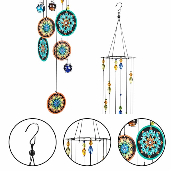 Mandala vindklocka utomhus med melodi djupt ljud, kristallpärla dekoration hängande metall minnesvindklocka Feng Shui prydnad