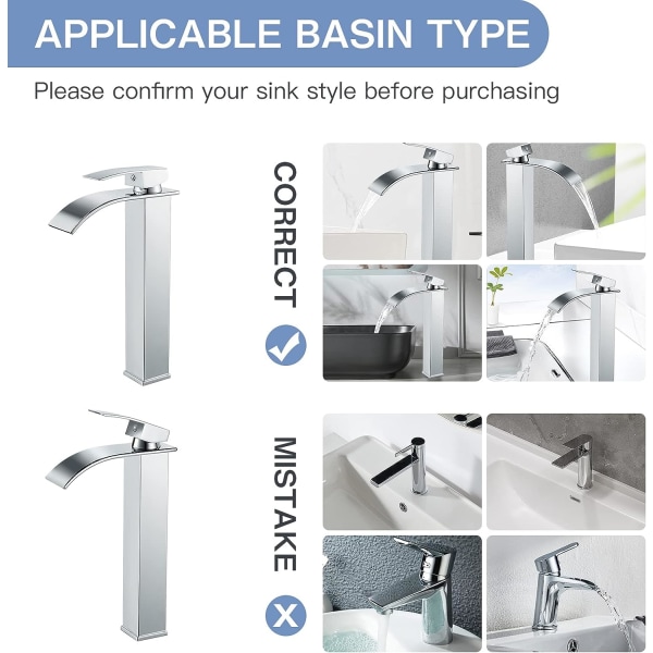 Moderne høy foss servantkran, elegant design baderomskran, høy enkeltgreps messing servantbatteri, varmt og kaldt vann tilgjengelig, krom W