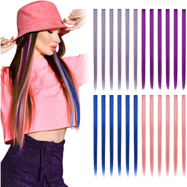 Rett hår extensions for kvinner, fargerike clip in extensions for jenter, 24 stykker i 4 farger.