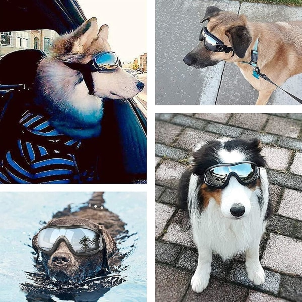 Motebriller for hund med justerbar stropp, UV-beskyttelse, vanntett, vindtett, støvtett, briller for store og mellomstore hunder