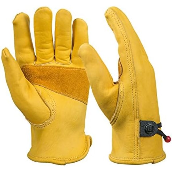 Ett par XL arbetshandskar i gult läder - För män - Med kulmanschetter och tejp - Tillverkade av nötkreatursfiber