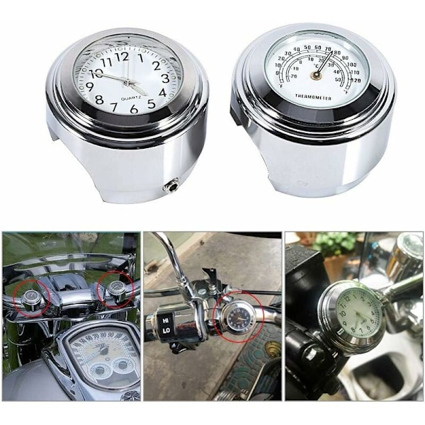 Motorcykelstyre Klocka, 7/8\" 1\" Silver Vattentät Motorcykelstyre Klocka Motorcykelstyre Klocka Lysande Klocka med Termometer