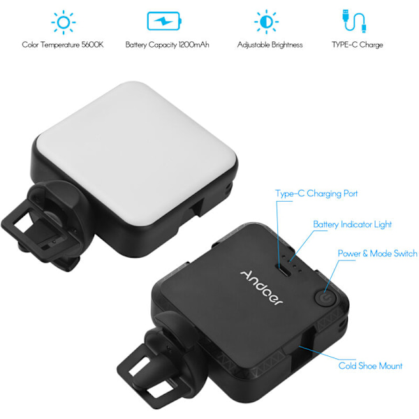 Andoer w36 mini lampe portabelt LED-videolys for fotografering med 5600K fargetemperatur, justerbar lysstyrke, 3 cold shoe-fester for direktesending,