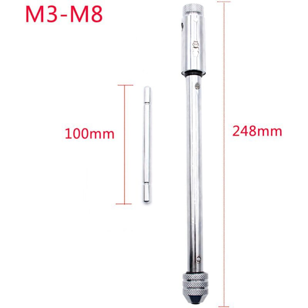 Säädettävä räikkäväännin T-kahvalla, M3-M8 metrisille tapeille, kalvimelle, räikkäväännin, käsityökalu, 248 mm runko
