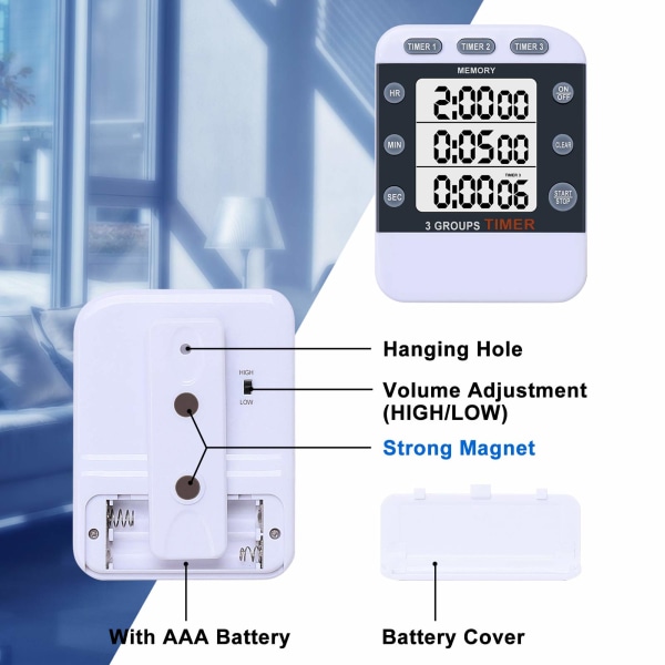 Digitaalinen kaksoiskeittiöajastin, ruoanlaittoajastin, magneettinen takaosa kolmikanavainen lisäys- ja vähennysajastin, suuri näyttö, säädettävä äänenvoimakkuus