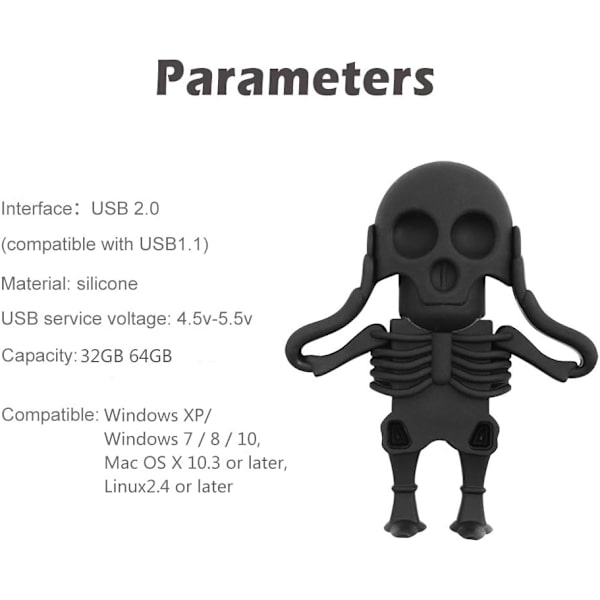 Svart 32 GB USB-minne i form av tecknad dödskalle, cool USB-minne, magisk present,