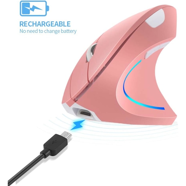 Pink 2.4GHz Trådløs Ergonomisk Vertikal Mus med 4 Justerbare DPI 800/1200/1600/2400, 6 Knapper, Kompatibel med PC, Desktop og Mac