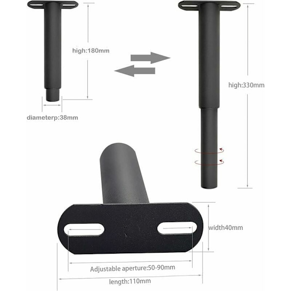 Justerbare, uttrekkbare og robuste sengeben for sengeramme, metallstøtteben, egnet for skap, sofa, seng, reservedeler 17,8 cm til 33 cm