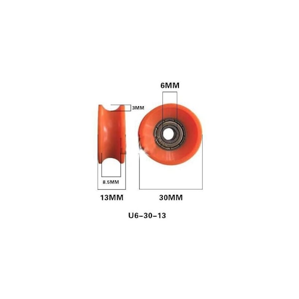 Pakkaus, jossa 5 kpl 6 x 30 x 13 mm kuulalaakeroidut U-urapyörät - Oranssi