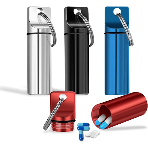 Set med 4 små portabla pilleraskar i aluminiumlegering - mini rese piller - vattentät - för utomhusbruk, camping, resor - svart, silver, röd, blå