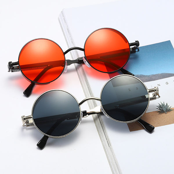 Sorte stel, røde linser - polariserede runde solbriller til mænd og kvinder inspireret af retro steampunk-stil i metallisk cirkel