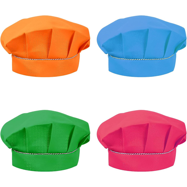 (Grön, Blå, Rosa, Orange) 4 st kockhattar för barn 3-13 år, justerbar kockhatt för pojkar och flickor, andningsbar kockhatt i polybomull, småbarn