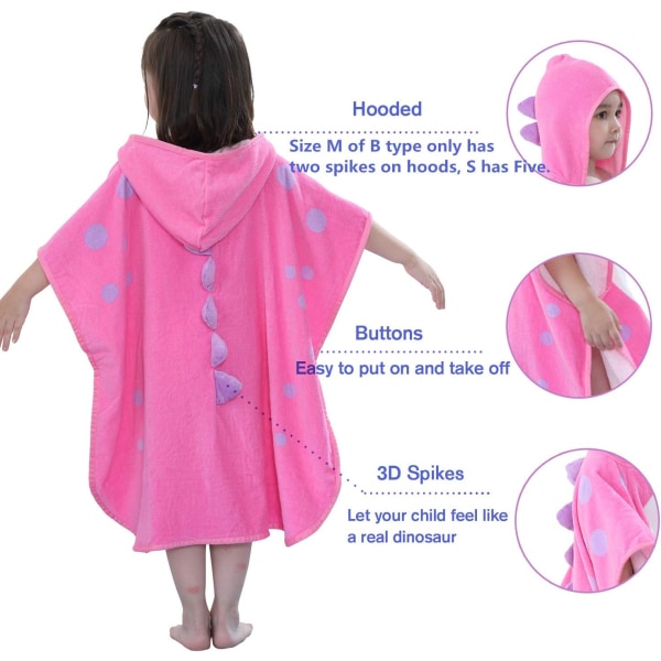 Børns Dinosaur Strand Poncho (Pink, 2-4 År, 55*115cm), Hætte Håndklæde Badekåbe, Bomuld