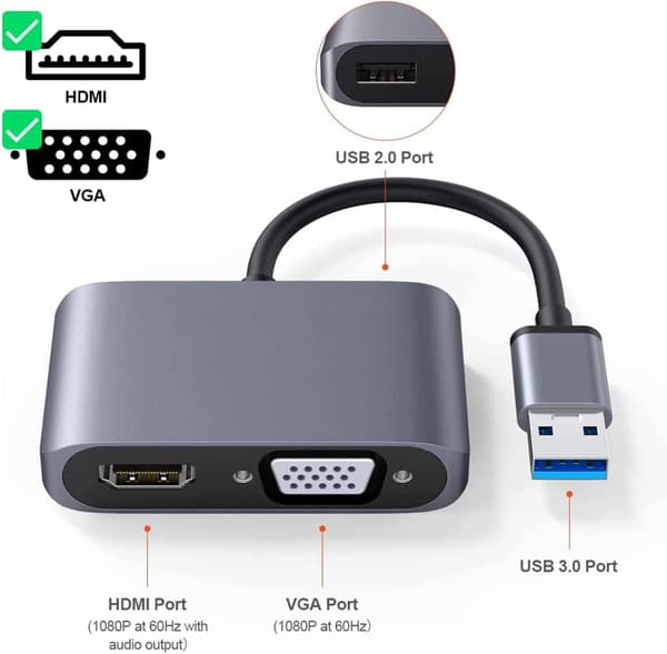 USB 3.0 til HDMI VGA-adapter, USB til HDMI VGA-adapter, understøtter HDMI VGA, 1080p synkroniseret output, kompatibel med Windows 7/8/8.1/10, videoadapter