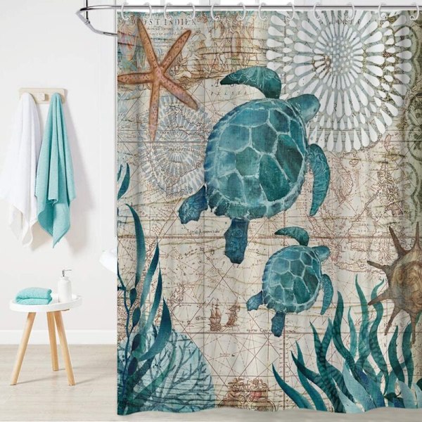 (150x180cm) Dusjforheng med 12 kroker Hurtigtørkende Skilpadde Vanntett Polyester Stoff Maskinvaskbare Baderomsgardiner