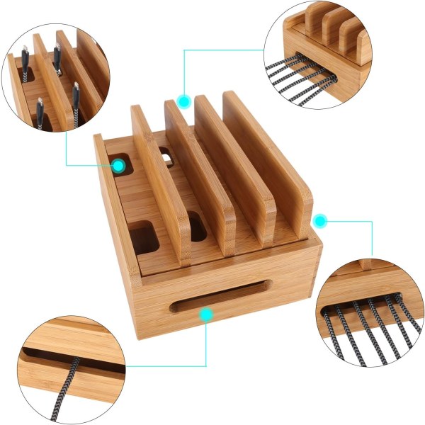Bambus træ skrivebord multi-enhed ledninger arrangør stativ og opladningsstation oplader dock holder til iPhone 14 13 12 11 Pro Max XS iPad Mini 4