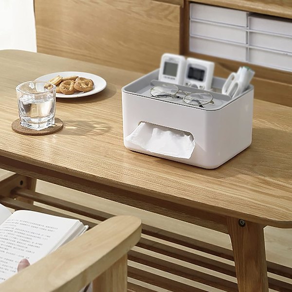 Multifunktionel Tissue Box Holder og Fjernbetjening Caddy, Velegnet til Opbevaring af Penne og Papirvarer, Box Container, Grå