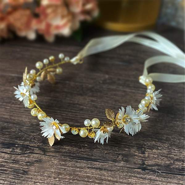 Blomsterkrone Daisy Hodebånd Kvinner Blomster Hodebånd med Bånd Blomsterkrone Hodebånd Bryllup Hår Tilbehør Gull Perler Krystall Hode Hodebånd for K