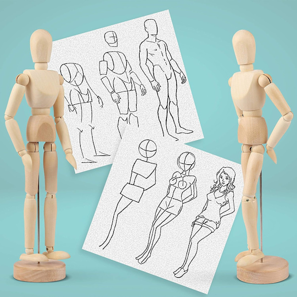 20 cm trämannekäng med stativ - Träleddocka - Flexibel ledad träman - Unisex ledad mannekäng för teckning och målning
