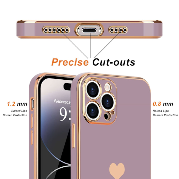 Snyggt hjärtformat smalt lyxigt telefonfodral, anodiserat mjukt TPU-resistent stötsäkert stötfångarfodral för iPhone 14 Pro Max, lila