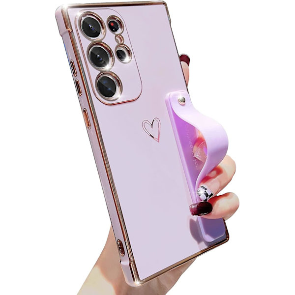 Sött hjärtmönster Tpu-pläterat fodral kompatibelt med Galaxy S23 Ultra, med justerbar handledsrem
