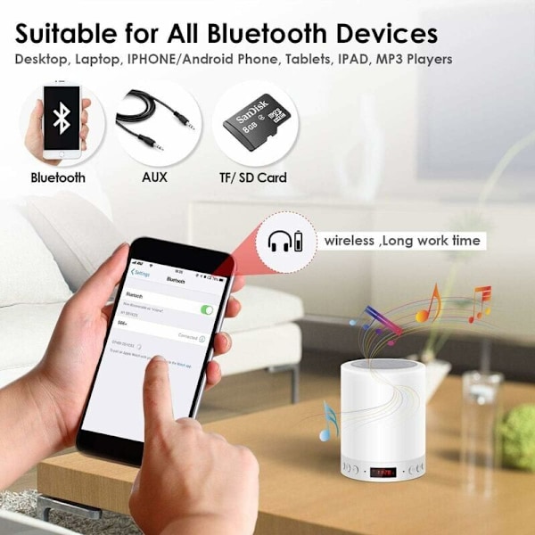 Bluetooth-kaiutin valoilla ja [herätyskellolla], ei tarroja