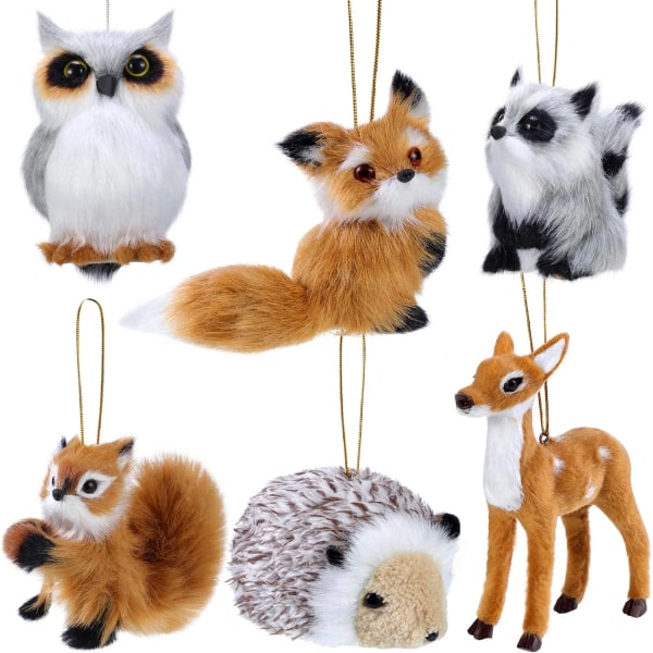 6 stycken plysch djurprydnader Woodland Fur Animal Ornaments Furr